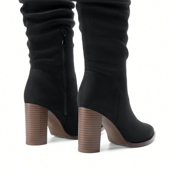 Black Elegant Women's Knee-High Pointed Toe Chunky Block Heel Suede With Side Zi - Picture 8 of 10